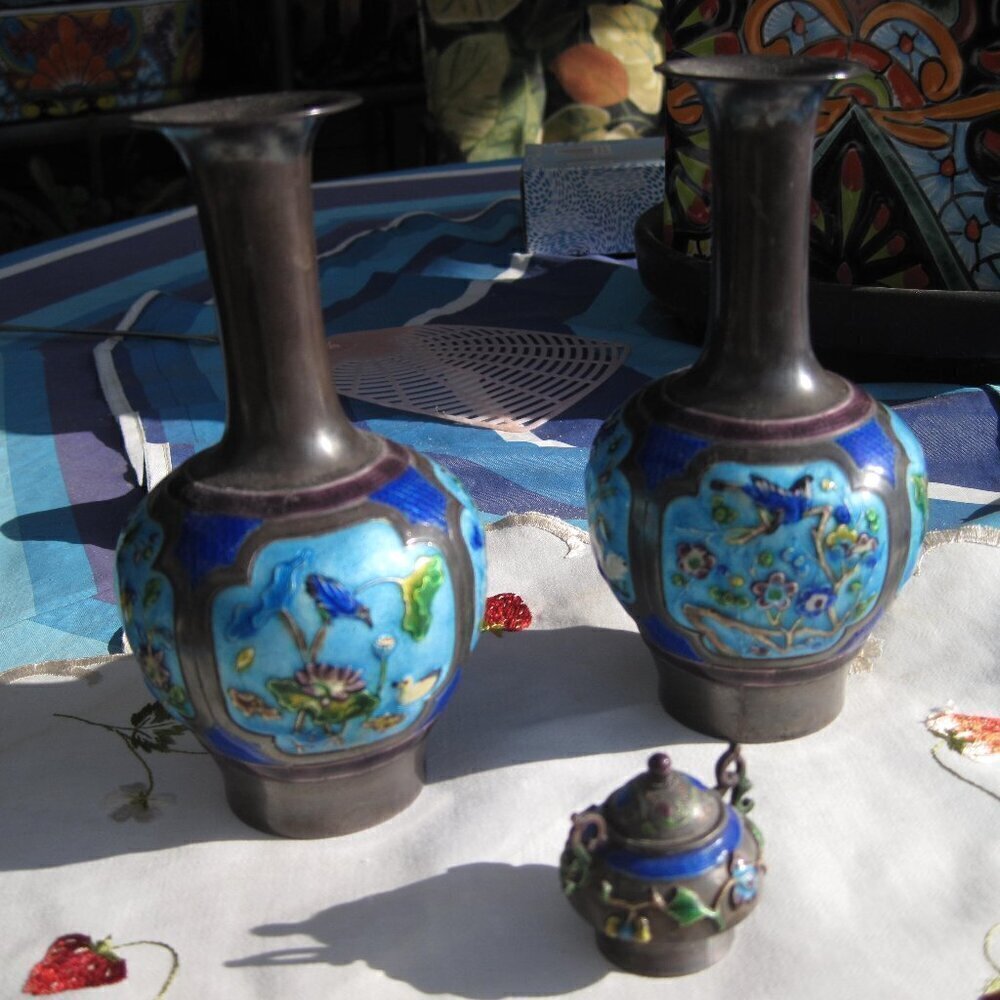Small Vintage Cloisonne Genuine Silver Antique Natural Patina  Floral Vase Set